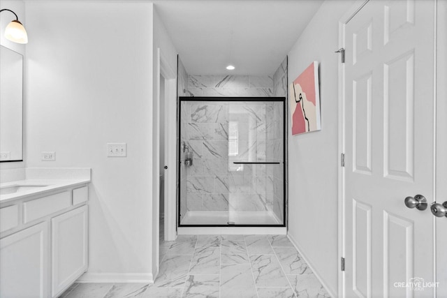 12501 S Willowgate Ln, Plainfield, IL 60585 - full bath featuring marble look tiles, vanity, a marble finish shower, and recessed lighting
