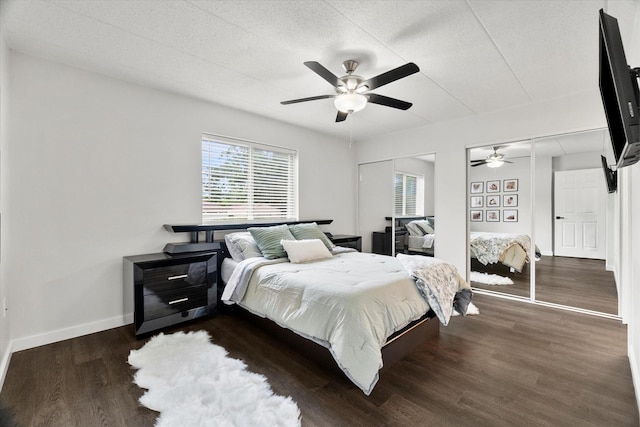 7020 Heritage Cir Unit 6-1D, Orland Park, IL 60462 - bedroom featuring two closets, multiple windows, wood finished floors, and a ceiling fan