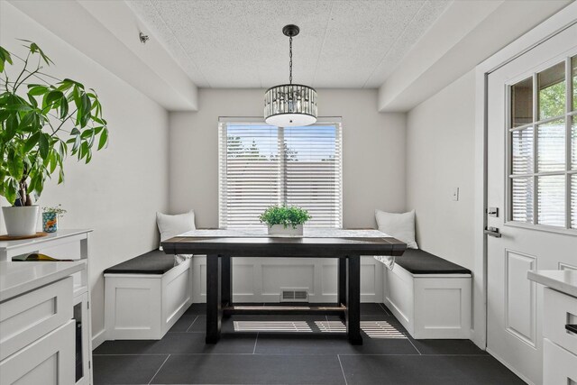7020 Heritage Cir Unit 6-1D, Orland Park, IL 60462 - dining area featuring breakfast area, dark tile patterned flooring, plenty of natural light, a chandelier, and a textured ceiling