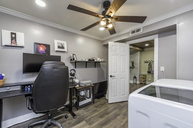 38515 N Forest Ave, Spring Grove, IL 60081 - office area featuring washer / dryer, dark wood-style flooring, ornamental molding, ceiling fan, and recessed lighting