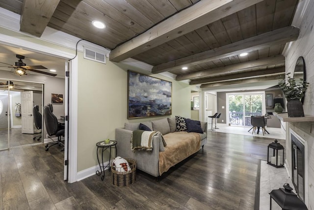 38515 N Forest Ave, Spring Grove, IL 60081 - living area featuring wood-type flooring, ceiling fan, a wooden ceiling with exposed beams, and recessed lighting