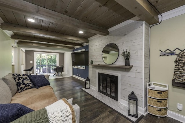 38515 N Forest Ave, Spring Grove, IL 60081 - living room featuring a wood ceiling with exposed beams, wood finished floors, a fireplace, and recessed lighting