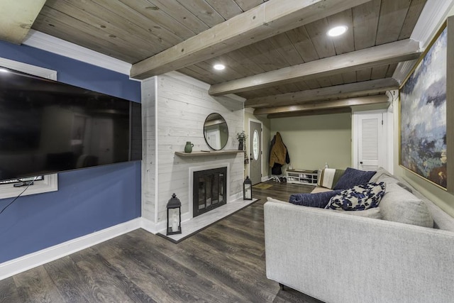 38515 N Forest Ave, Spring Grove, IL 60081 - living room featuring a wooden ceiling with exposed beams, wood finished floors, recessed lighting, and a premium fireplace