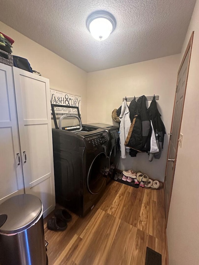 314 N Grove St, Rochelle, IL 61068 - laundry area with wood finished floors, washer and dryer, and a textured ceiling