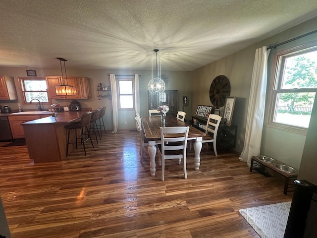 314 N Grove St, Rochelle, IL 61068 - dining room featuring dark wood-type flooring, plenty of natural light, a chandelier, and a textured ceiling