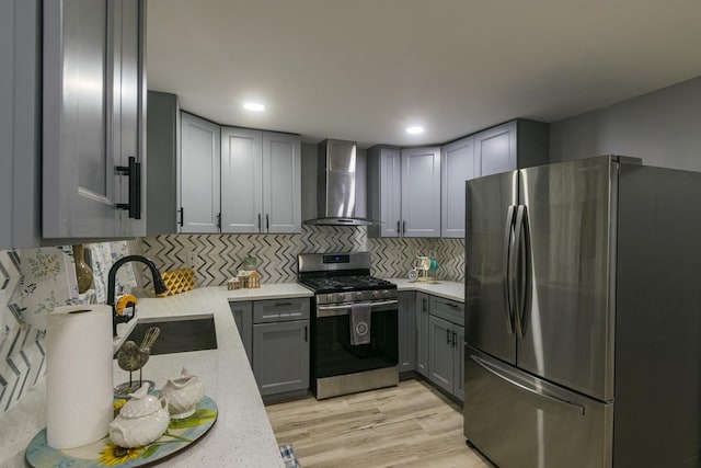 2431 Sandy Hollow Rd, Rockford, IL 61109 - kitchen with appliances with stainless steel finishes, wall chimney range hood, gray cabinets, decorative backsplash, and light wood-style flooring