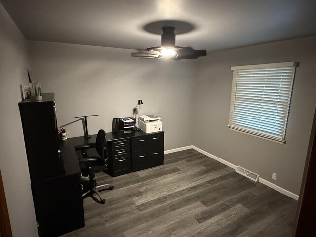 127 S Front St, Hennepin, IL 61327 - home office featuring a ceiling fan and dark wood-type flooring