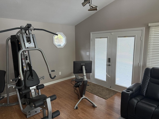 127 S Front St, Hennepin, IL 61327 - workout room featuring french doors, vaulted ceiling, and wood finished floors