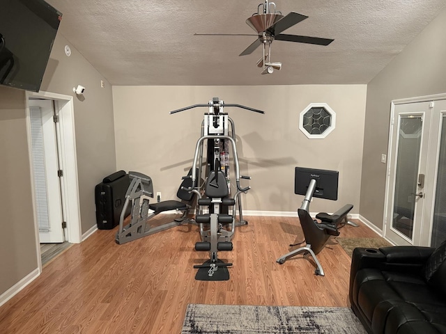 127 S Front St, Hennepin, IL 61327 - exercise area featuring ceiling fan, wood finished floors, and a textured ceiling