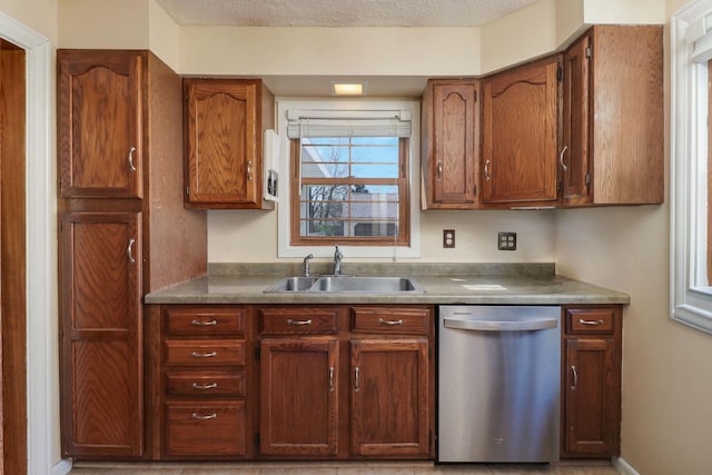 1211 Hovey Ave, Normal, IL 61761 - kitchen with stainless steel dishwasher, a textured ceiling, and brown cabinets