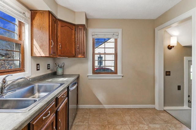 1211 Hovey Ave, Normal, IL 61761 - kitchen featuring healthy amount of natural light, brown cabinetry, stainless steel dishwasher, and light tile patterned floors