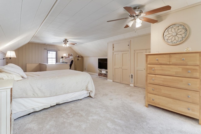 1211 Hovey Ave, Normal, IL 61761 - bedroom featuring lofted ceiling, light carpet, and a ceiling fan