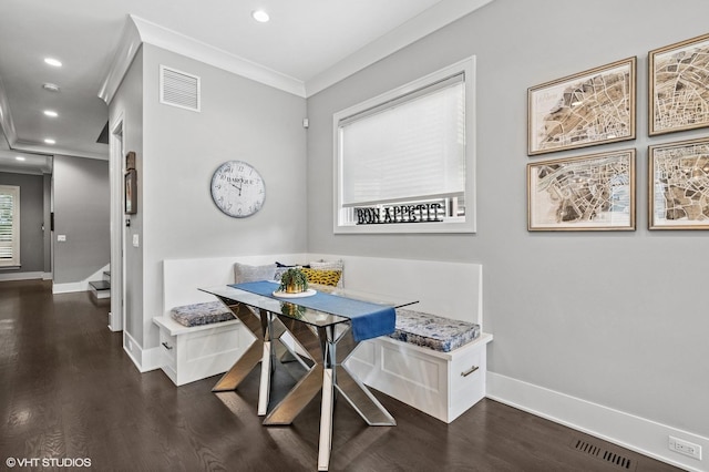 4845 N Leavitt St, Chicago, IL 60625 - dining room featuring breakfast area, wood finished floors, crown molding, recessed lighting, and stairs