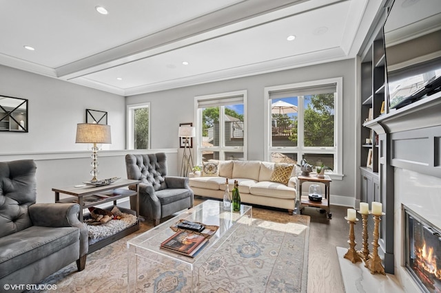 4845 N Leavitt St, Chicago, IL 60625 - living area with wood finished floors, recessed lighting, beamed ceiling, and ornamental molding