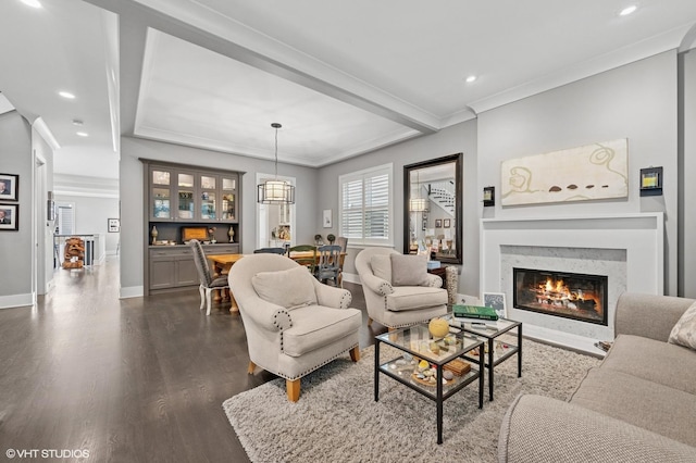4845 N Leavitt St, Chicago, IL 60625 - living room featuring dark wood finished floors, a high end fireplace, recessed lighting, and crown molding