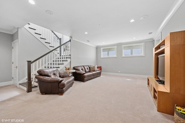 4845 N Leavitt St, Chicago, IL 60625 - living room featuring crown molding, light carpet, recessed lighting, and stairway