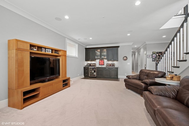 4845 N Leavitt St, Chicago, IL 60625 - living area with bar, crown molding, light carpet, stairs, and recessed lighting