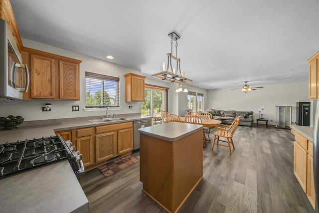 940 Hyte St, Plano, IL 60545 - kitchen featuring a kitchen island, appliances with stainless steel finishes, open floor plan, dark wood-type flooring, and a ceiling fan