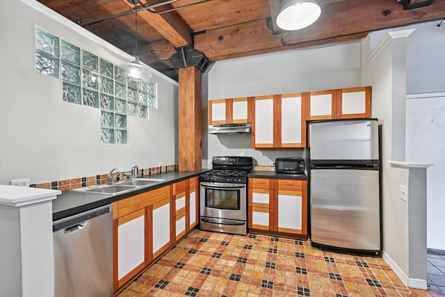 913 W Van Buren St Unit 5H, Chicago, IL 60607 - kitchen with appliances with stainless steel finishes, under cabinet range hood, a wooden ceiling with exposed beams, dark countertops, and decorative light fixtures