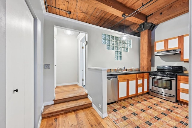 913 W Van Buren St Unit 5H, Chicago, IL 60607 - kitchen featuring stainless steel appliances, wood ceiling, under cabinet range hood, dark countertops, and light wood-type flooring
