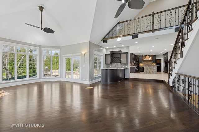 22 Westlake Dr, South Barrington, IL 60010 - unfurnished living room with a ceiling fan, high vaulted ceiling, dark wood-style flooring, and plenty of natural light