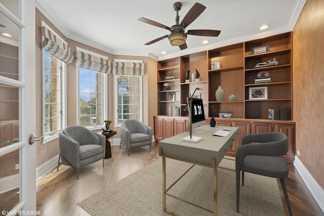 22 Westlake Dr, South Barrington, IL 60010 - office area with crown molding, wood finished floors, ceiling fan, and recessed lighting