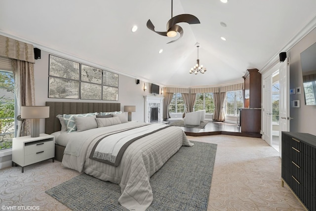 22 Westlake Dr, South Barrington, IL 60010 - bedroom with a chandelier, light colored carpet, vaulted ceiling, and crown molding