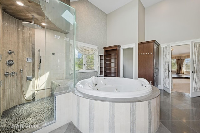22 Westlake Dr, South Barrington, IL 60010 - full bathroom featuring a shower stall, a whirlpool tub, and a towering ceiling