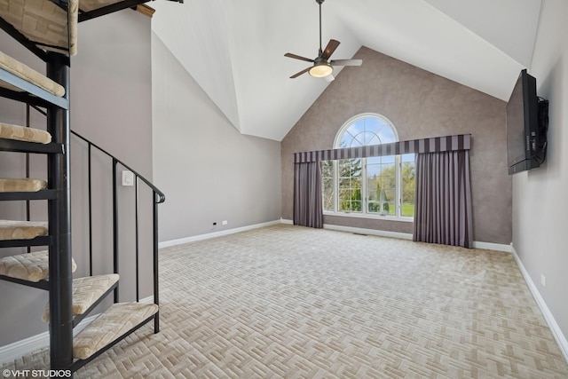 22 Westlake Dr, South Barrington, IL 60010 - unfurnished living room with high vaulted ceiling, ceiling fan, and carpet