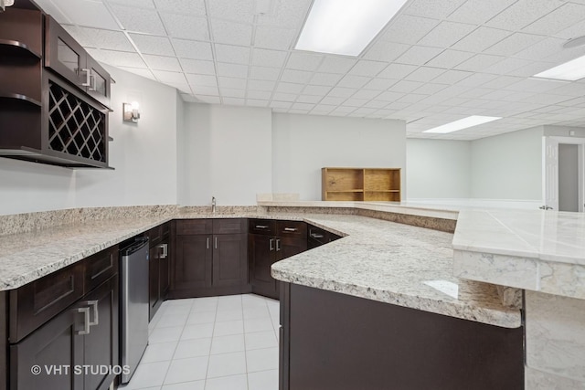 22 Westlake Dr, South Barrington, IL 60010 - kitchen featuring light tile patterned floors, open shelves, dark brown cabinetry, fridge, and a peninsula