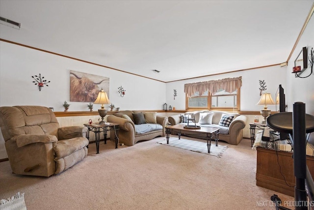 7007 W 110th St, Worth, IL 60482 - living room featuring crown molding, carpet flooring, and wainscoting