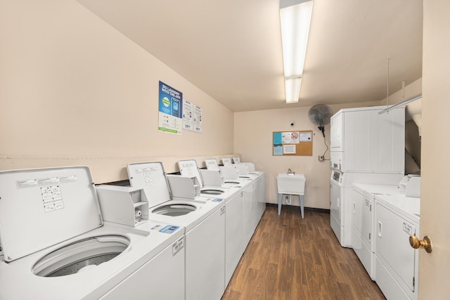1475 Rebecca Dr Unit 311, Hoffman Estates, IL 60169 - community laundry room featuring washer and dryer, dark wood-type flooring, and stacked washer / drying machine
