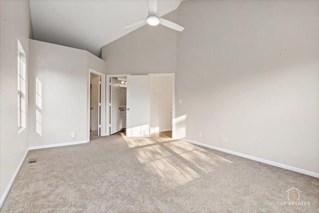 17437 Yakima Dr, Lockport, IL 60441 - unfurnished bedroom featuring high vaulted ceiling, carpet flooring, ceiling fan, and connected bathroom