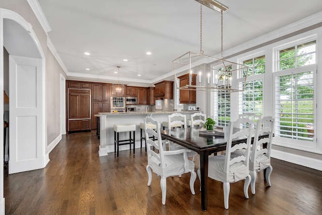 8 Willowcrest Dr, Oak Brook, IL 60523 - dining space with ornamental molding, dark wood-style flooring, a chandelier, and recessed lighting