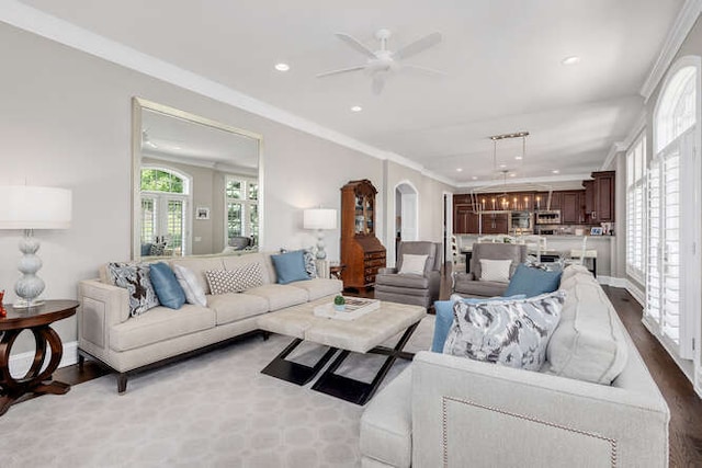 8 Willowcrest Dr, Oak Brook, IL 60523 - living room with a ceiling fan, arched walkways, recessed lighting, dark wood-type flooring, and crown molding