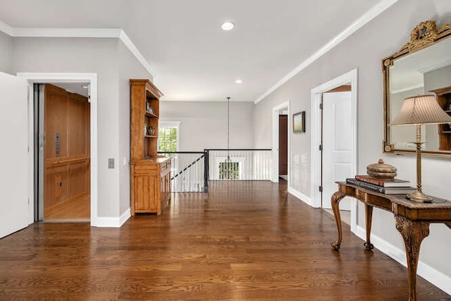 8 Willowcrest Dr, Oak Brook, IL 60523 - hallway featuring an upstairs landing, dark wood-type flooring, recessed lighting, and ornamental molding
