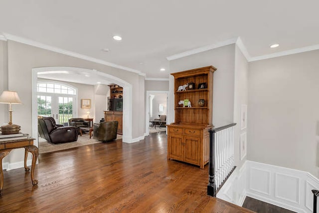 8 Willowcrest Dr, Oak Brook, IL 60523 - living room featuring arched walkways, crown molding, dark wood finished floors, and recessed lighting