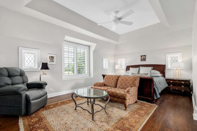8 Willowcrest Dr, Oak Brook, IL 60523 - bedroom featuring a raised ceiling, dark wood-style floors, and ceiling fan