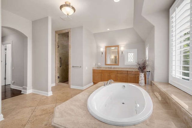 8 Willowcrest Dr, Oak Brook, IL 60523 - full bath featuring vanity, a bath, a shower stall, and tile patterned floors