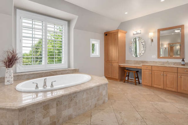 8 Willowcrest Dr, Oak Brook, IL 60523 - bathroom featuring vanity, a bath, tile patterned floors, and recessed lighting