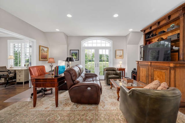 8 Willowcrest Dr, Oak Brook, IL 60523 - living room featuring french doors, an office area, wood finished floors, and recessed lighting