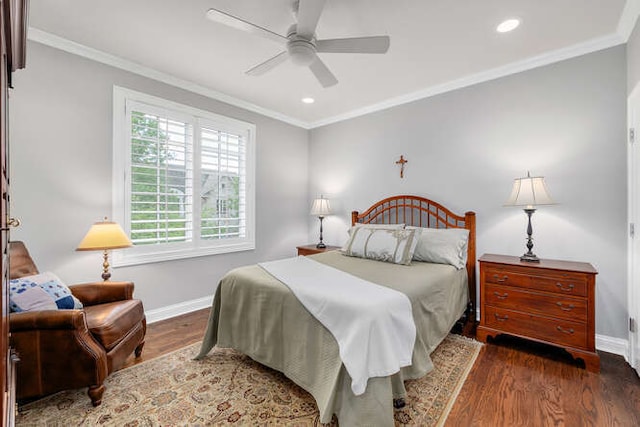 8 Willowcrest Dr, Oak Brook, IL 60523 - bedroom with dark wood-style flooring, crown molding, recessed lighting, and ceiling fan