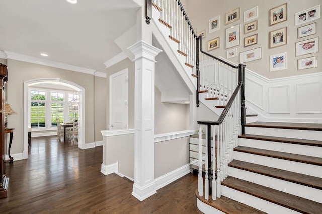 8 Willowcrest Dr, Oak Brook, IL 60523 - staircase with wood finished floors, ornamental molding, and recessed lighting