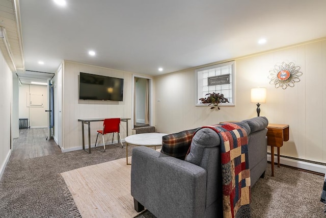 5240 W Eddy St, Chicago, IL 60641 - carpeted living room featuring a baseboard heating unit and recessed lighting