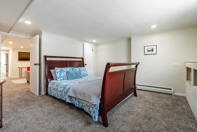 5240 W Eddy St, Chicago, IL 60641 - bedroom with a baseboard heating unit, crown molding, carpet, and recessed lighting