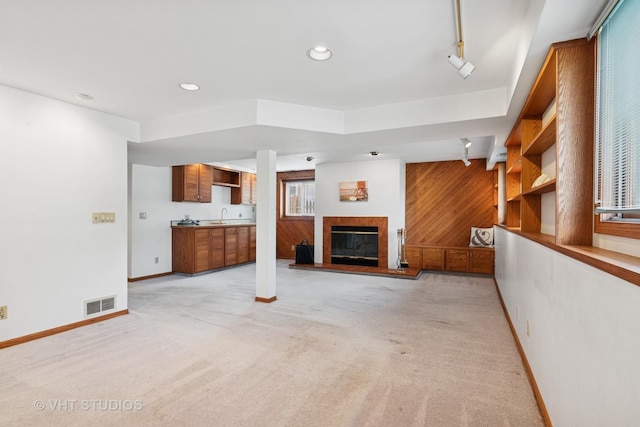 513 James Ct, Algonquin, IL 60102 - unfurnished living room with wood walls, a glass covered fireplace, light carpet, and recessed lighting