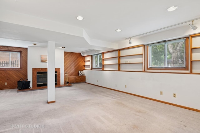 513 James Ct, Algonquin, IL 60102 - below grade area with wooden walls, healthy amount of natural light, a fireplace, light colored carpet, and recessed lighting