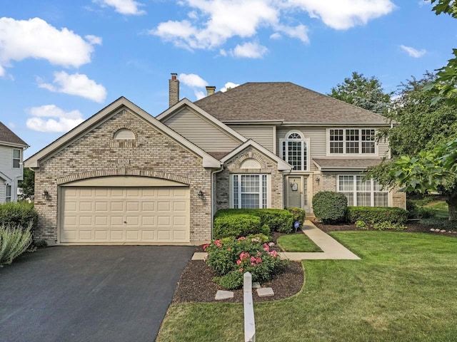 1450 Anvil Ct, Bartlett, IL 60103 - traditional-style house with asphalt driveway, brick siding, a front lawn, and an attached garage