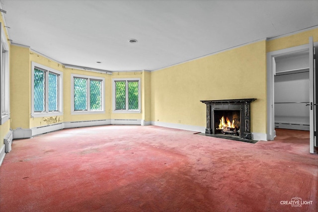 595 Crab Tree Ln, Lake Forest, IL 60045 - unfurnished living room with carpet, healthy amount of natural light, a baseboard heating unit, and a fireplace with flush hearth