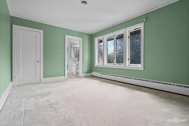 595 Crab Tree Ln, Lake Forest, IL 60045 - unfurnished bedroom featuring carpet floors, a baseboard radiator, crown molding, and connected bathroom